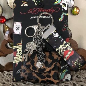 NEW Ed Hardy Leopard and Skull Charm Keychain